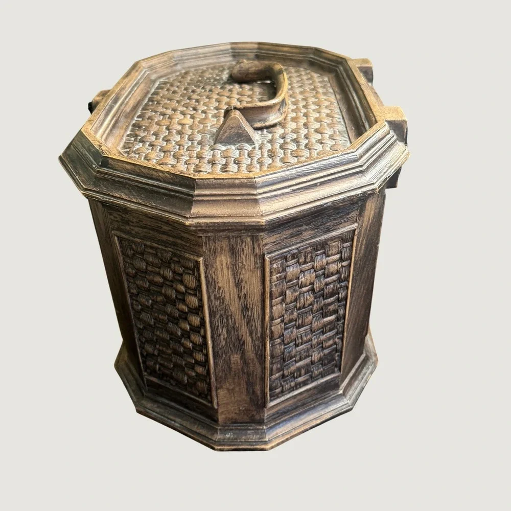 Vintage Lerner Faux Wood Wicker Large Sewing Storage Basket